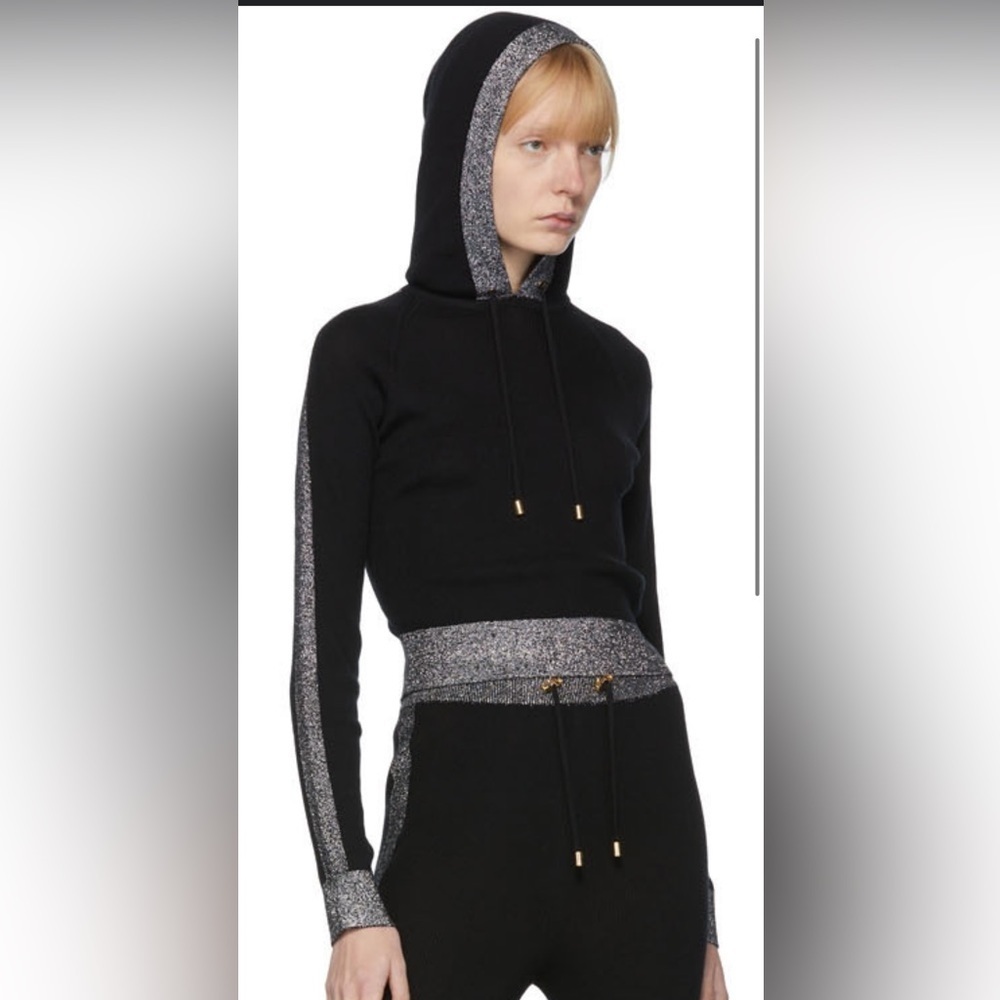 🎀BALMAIN wool cashmere blend Lurex Striped Cropped Knit Hoodie Sz 40